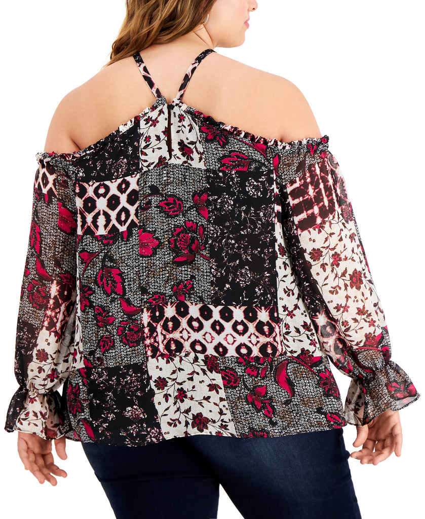 INC International Concepts Women Plus Patchwork Cold Shoulder Top