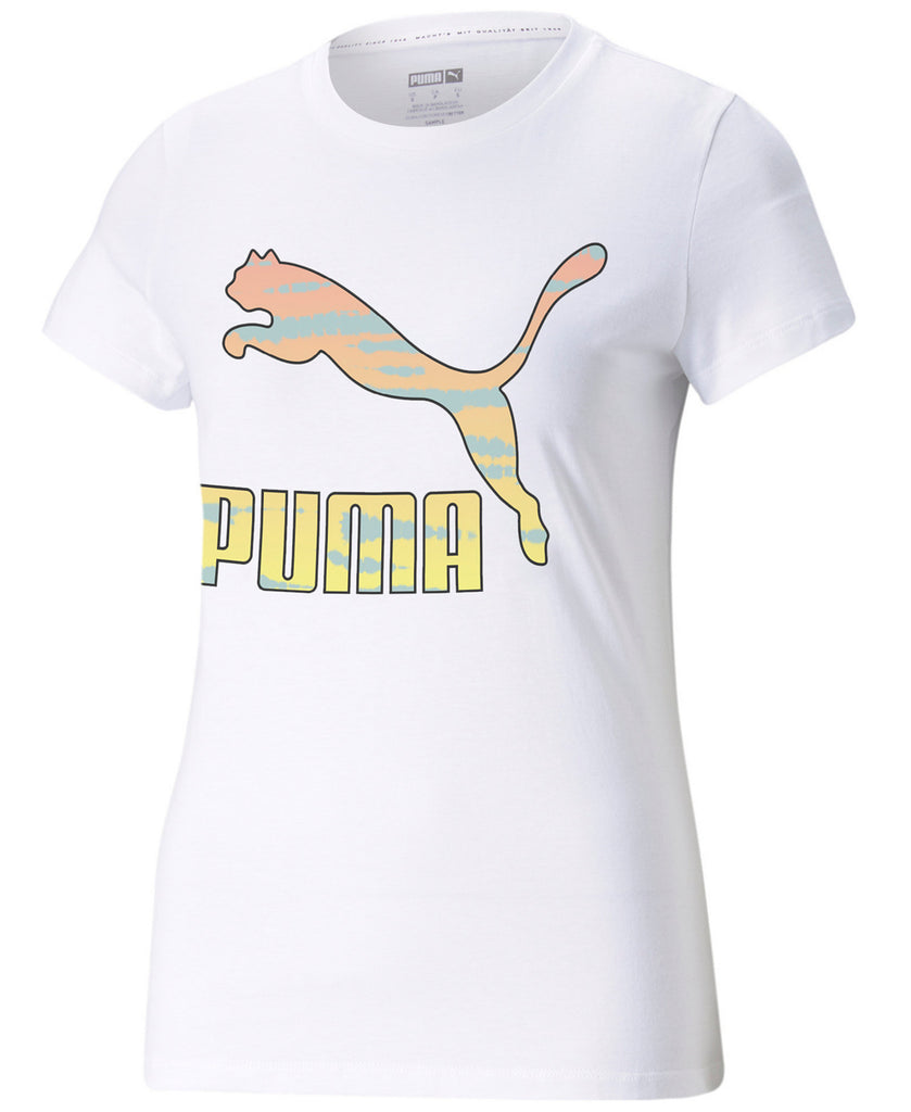 Puma Women Cotton Rainbow Logo T Shirt White Tiedye Cat