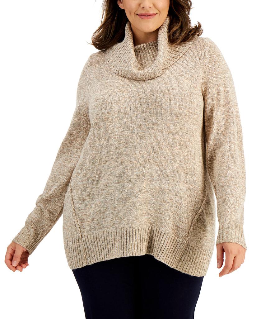 Karen Scott Women Plus Cowlneck Sweater Beige Marled