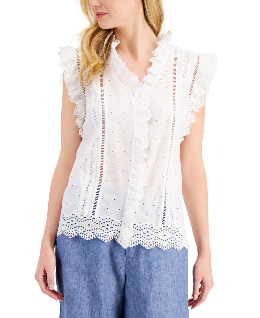 Charter Club Women Cotton Ruffled Eyelet Top Bright White