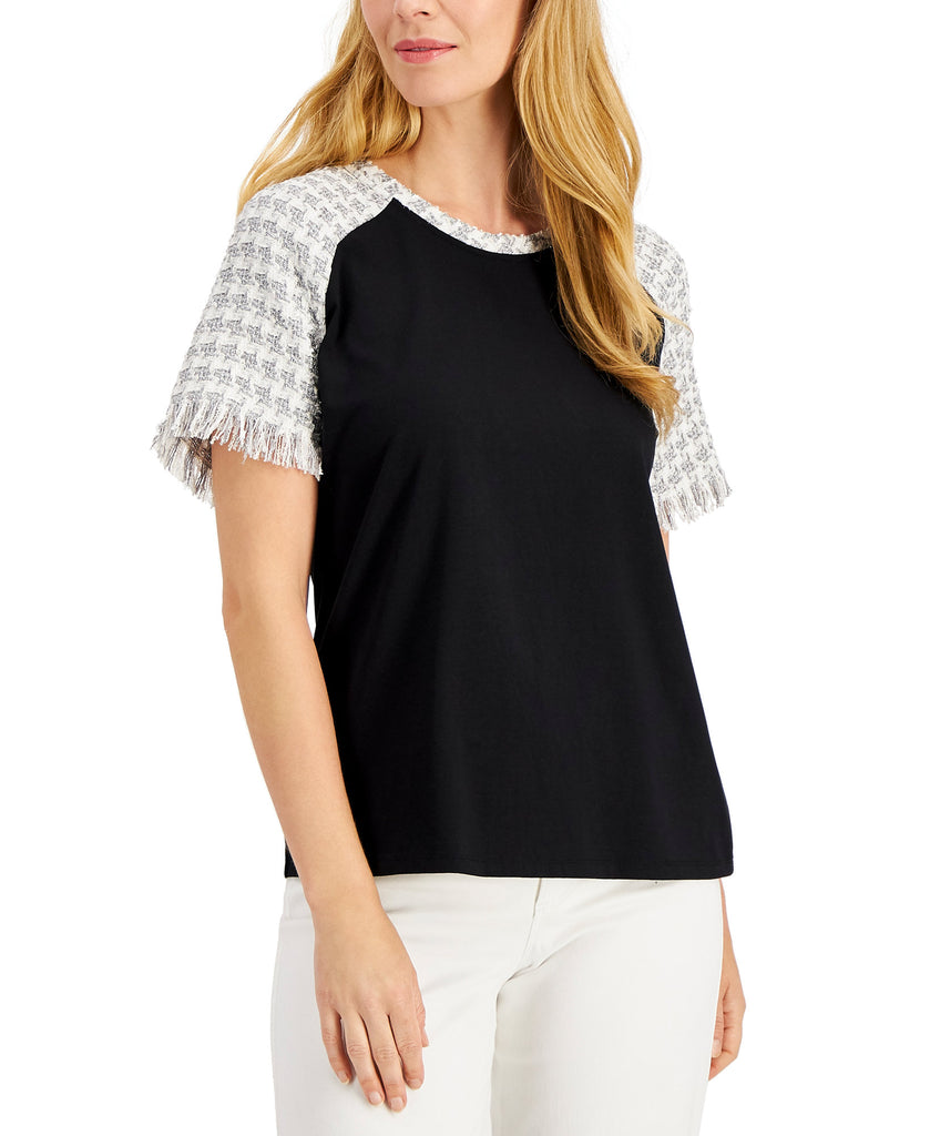 Charter Club Women Tweed Sleeve Baseball T Shirt Deep Black