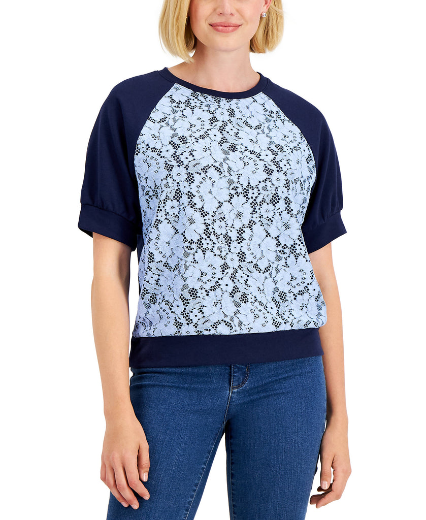 Charter Club Women Lace Panel Baseball T Shirt Intrepid Blue