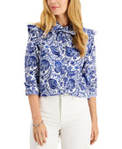 Charter Club Women Printed Tie Neck Ruffle Shoulder Shirt Cloud Combo