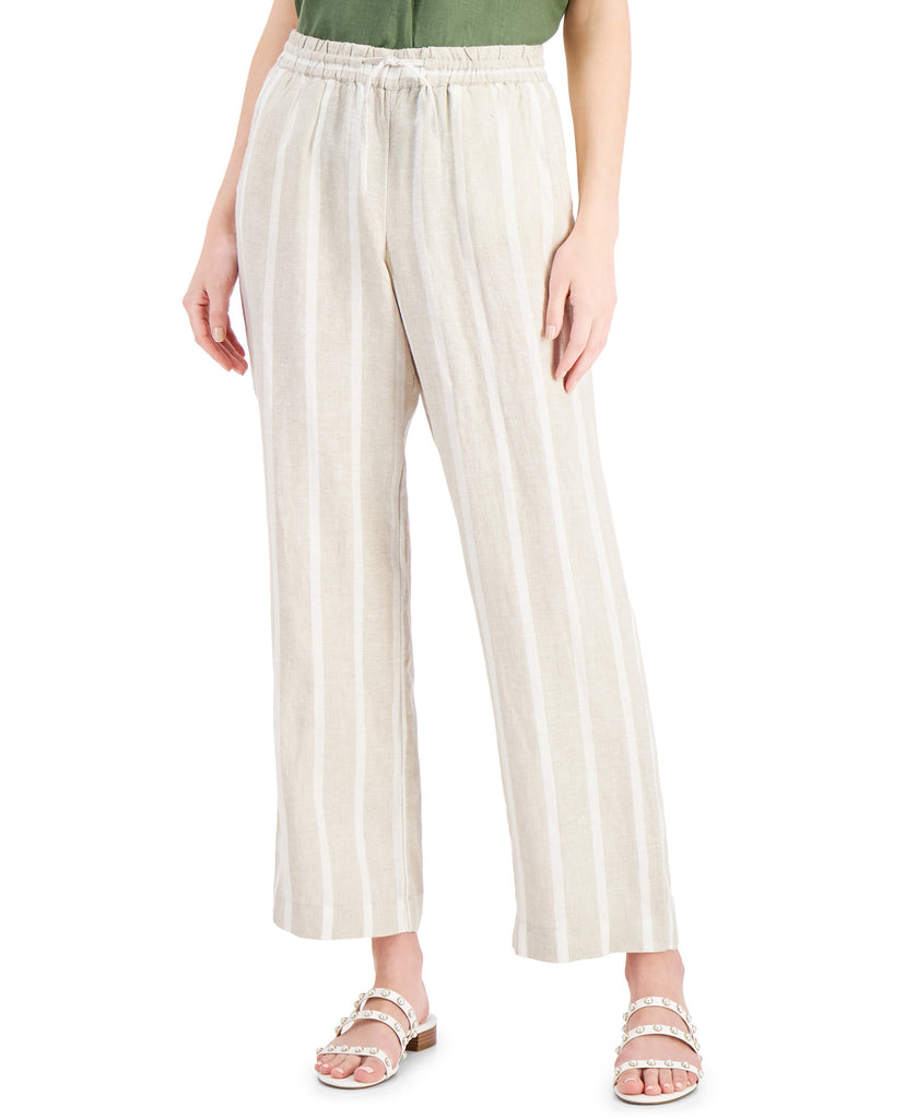 Charter Club Women Linen Striped Straight Leg Pants Flax Combo