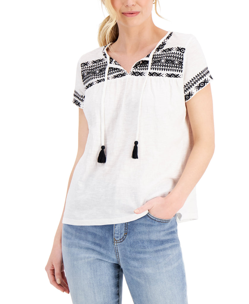 Style & Co Women Cotton Embroidered Vacation Top White Black Combo