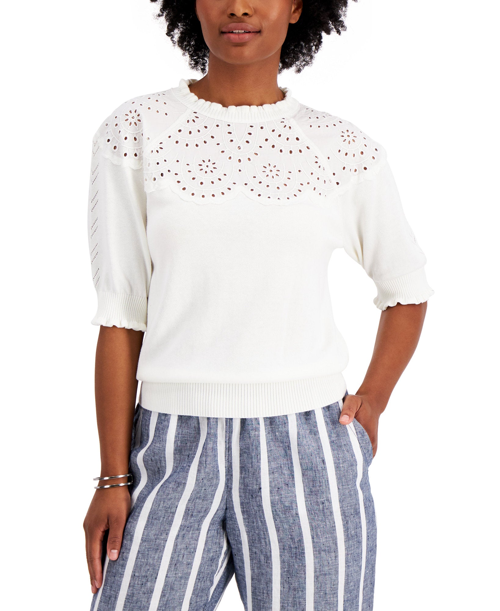 Charter Club Women Puff Sleeve Eyelet Neckline Sweater Cloud