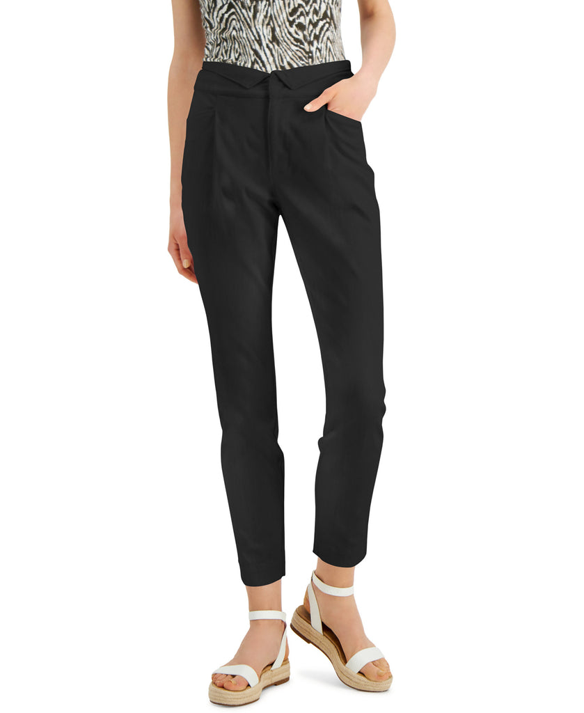 INC International Concepts Women Folded Waist Tapered Pants Deep Black