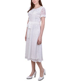 NY Collection Women Petite Short Sleeve Belted Swiss Dot Dress
