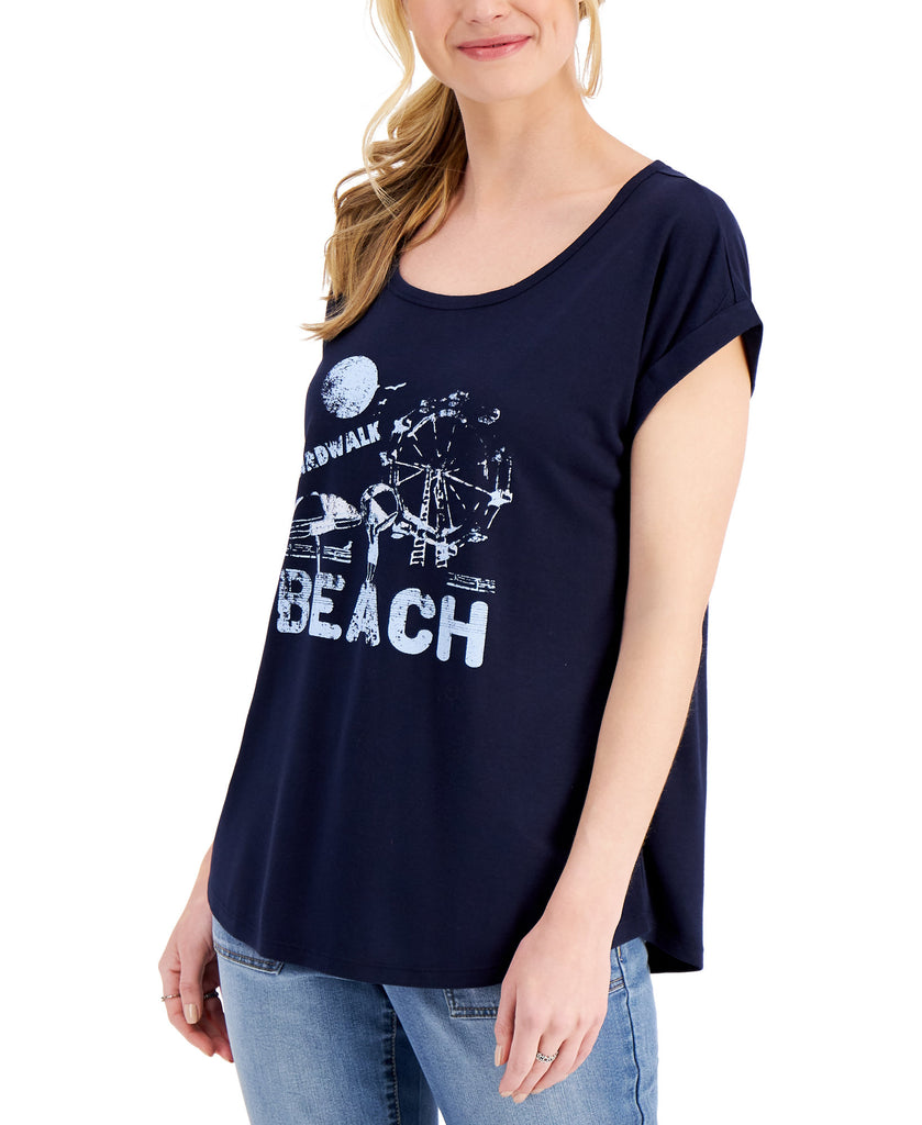 Style & Co Women Boardwalk Beach Graphic T Shirt Boardwalk Blue