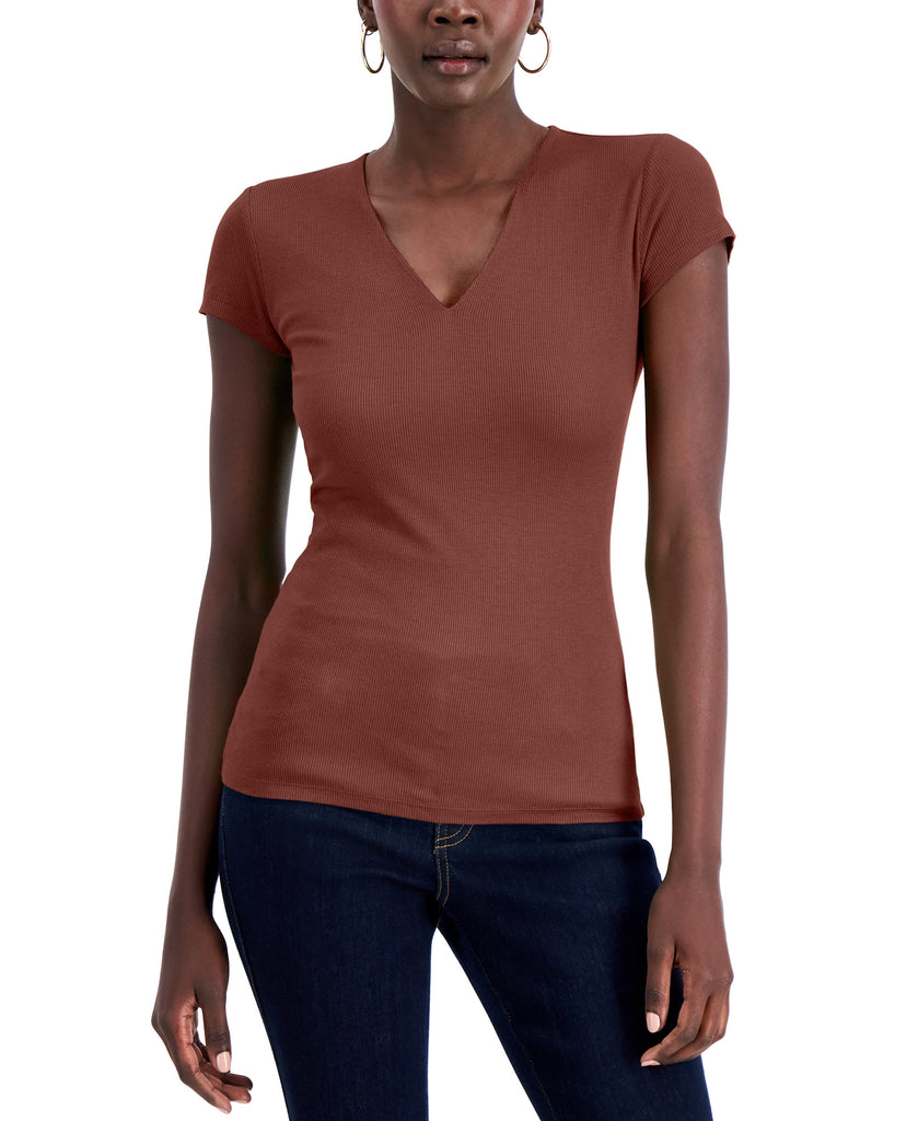 INC International Concepts Women Ribbed V Neck Top Henna