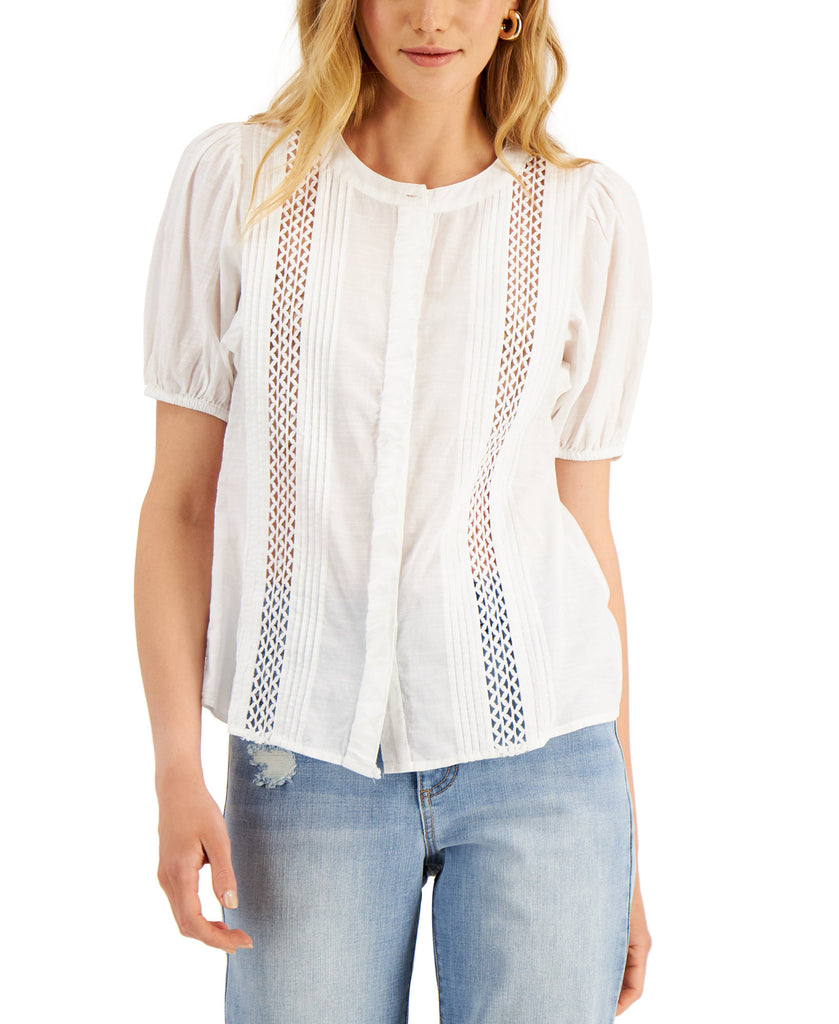 INC International Concepts Women Cotton Pintucked Blouse Bright White