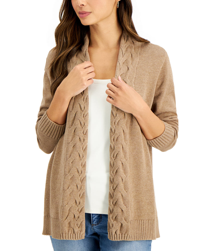 Karen Scott Women Cotton Cable Knit Trim Open Cardigan Chestnut Heather