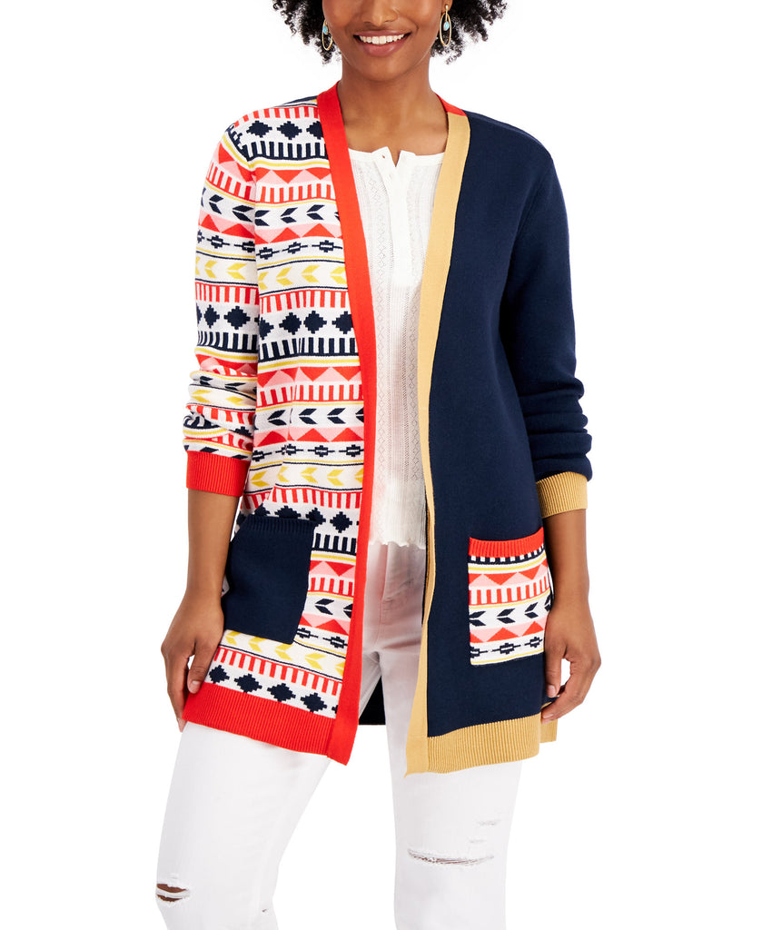 Style & Co Women Mixed Print Open Cardigan Pebble Stripe