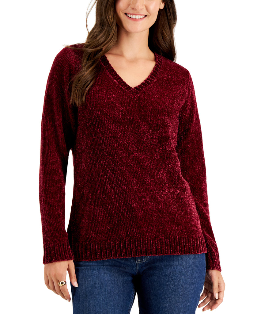 Karen Scott Women Chenille V Neck Sweater Merlot