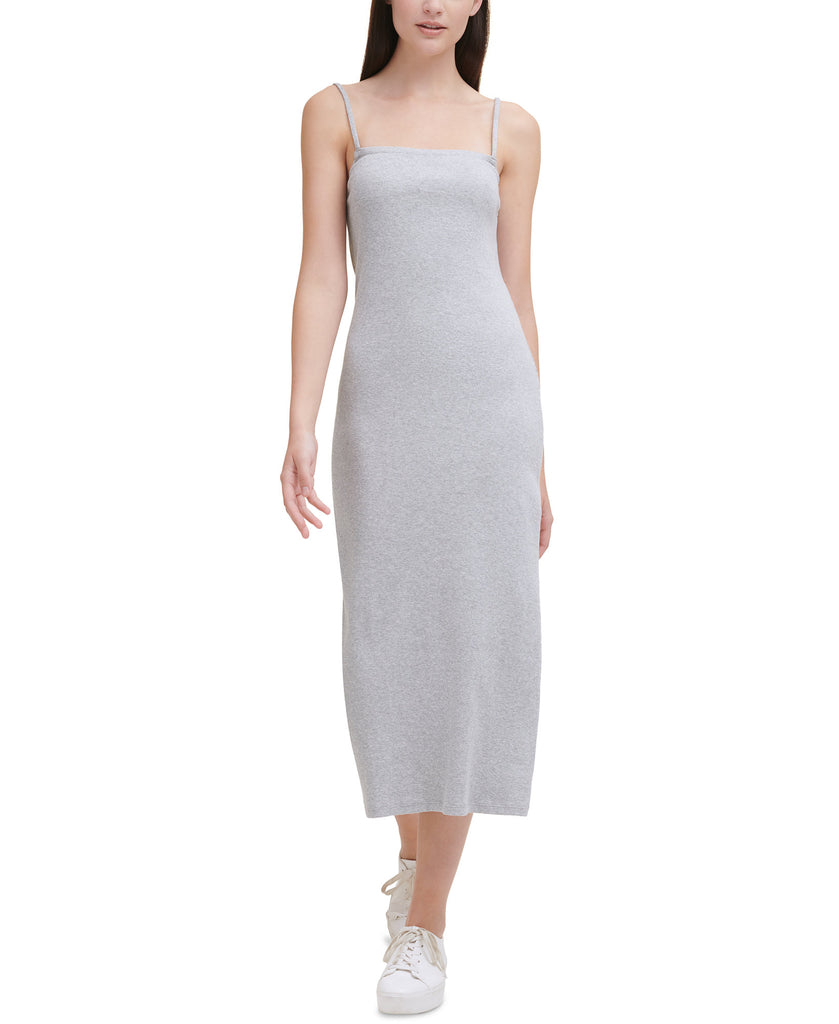 Calvin Klein Jeans Women Square Neck Ribbed Cotton Midi Dress Pearl Grey Heather