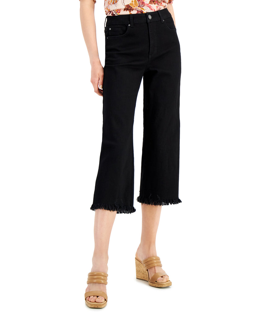 INC International Concepts Women High Rise Frayed Hem Cropped Wide Leg Jeans Black