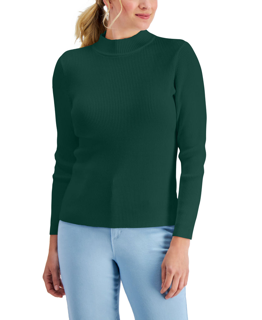 Karen Scott Women Cotton Solid Rib Mock Neck Sweater Spruce Night