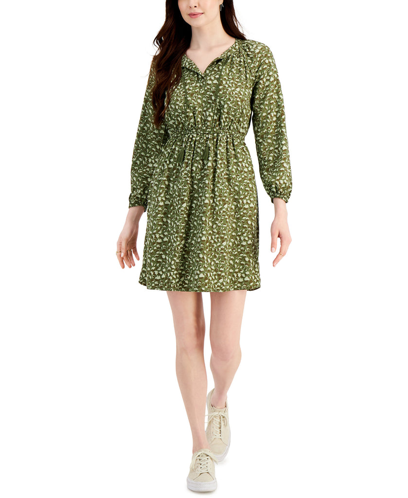 Style & Co Women Petite Animal Print Shirt Dress Dry Grass Combo