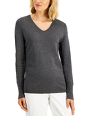 JM Collection Women Button Cuff V Neck Sweater Charcoal Heather