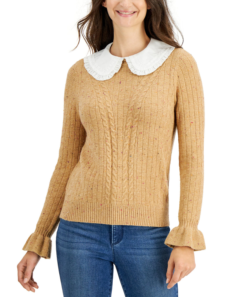 Charter Club Women Removable Collar Knit Sweater Wm Cml Hth Cb