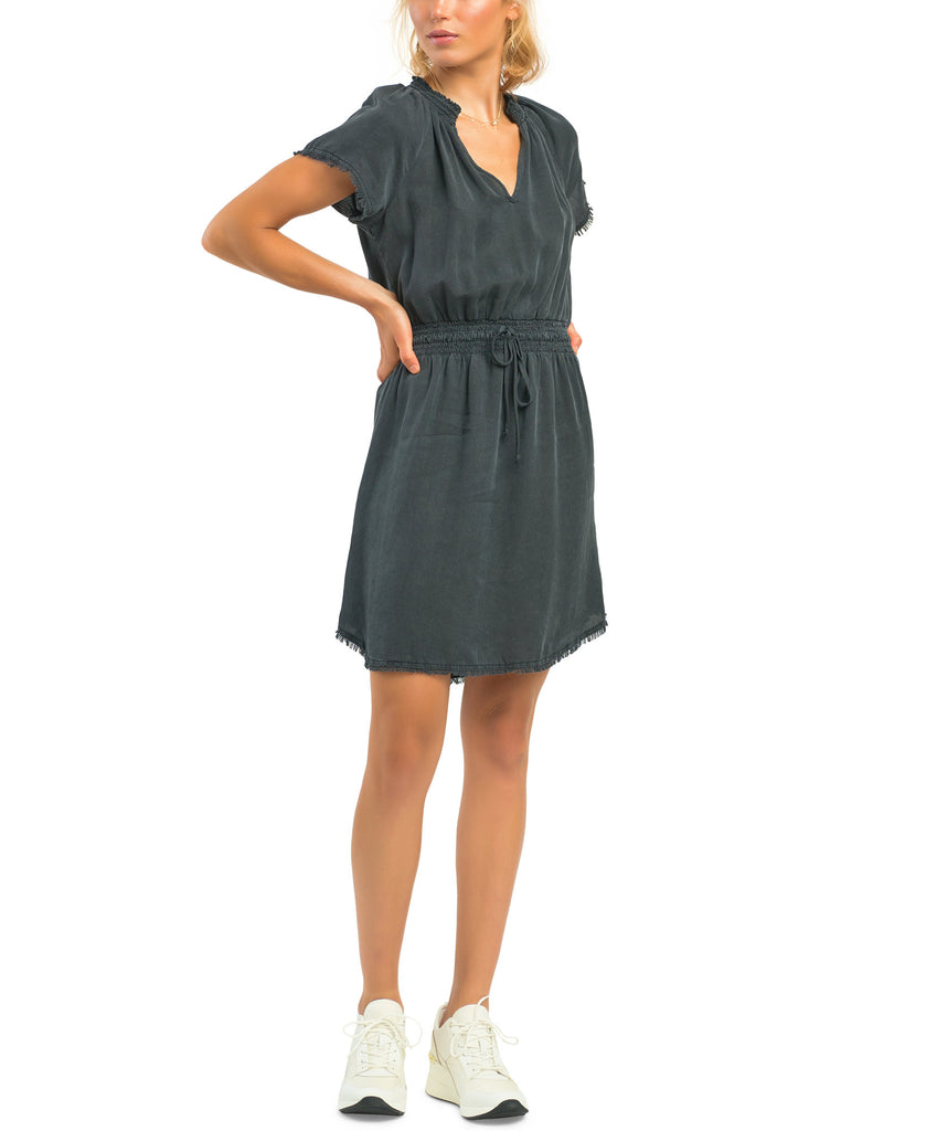 Black Tape Women Elastic Waist Frayed Hem Dress Black Wash