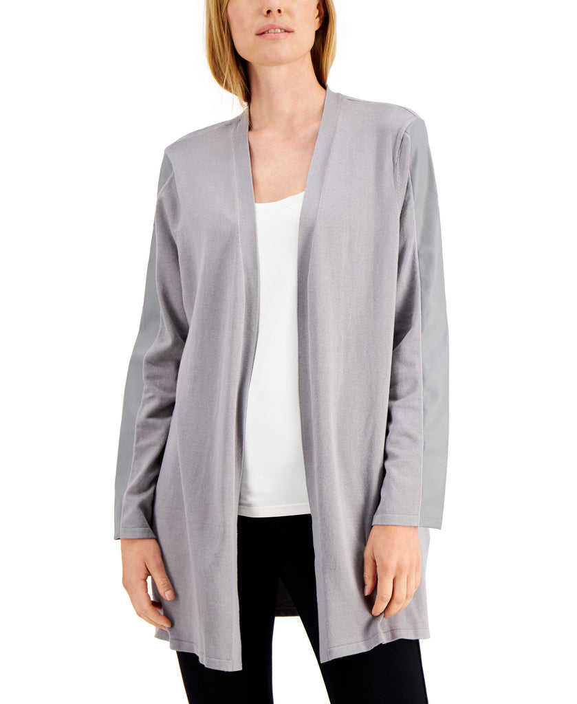 Alfani Women Petite Faux Leather Trimmed Cardigan Sweater Greystone