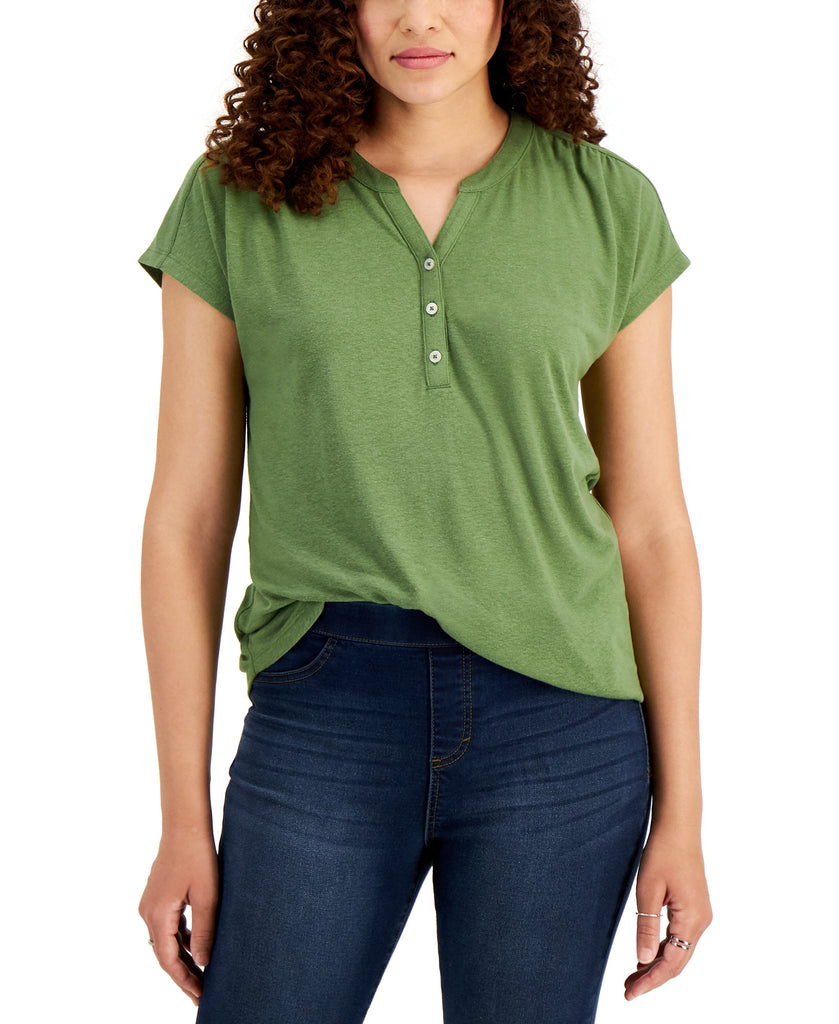 Style & Co Women Dolman Sleeve Henley Linen Blend Top Vine Green