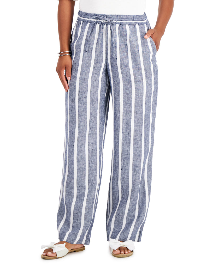 Charter Club Women Linen Striped Straight Leg Pants Intrepid Blue Combo