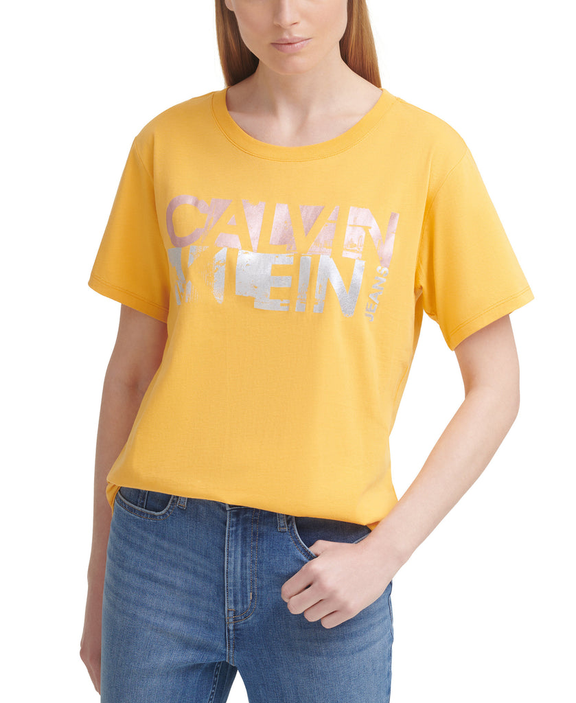 Calvin-Klein-Jeans-Women-Cotton-Distressed-Foil-Logo-T-Shirt-Golden