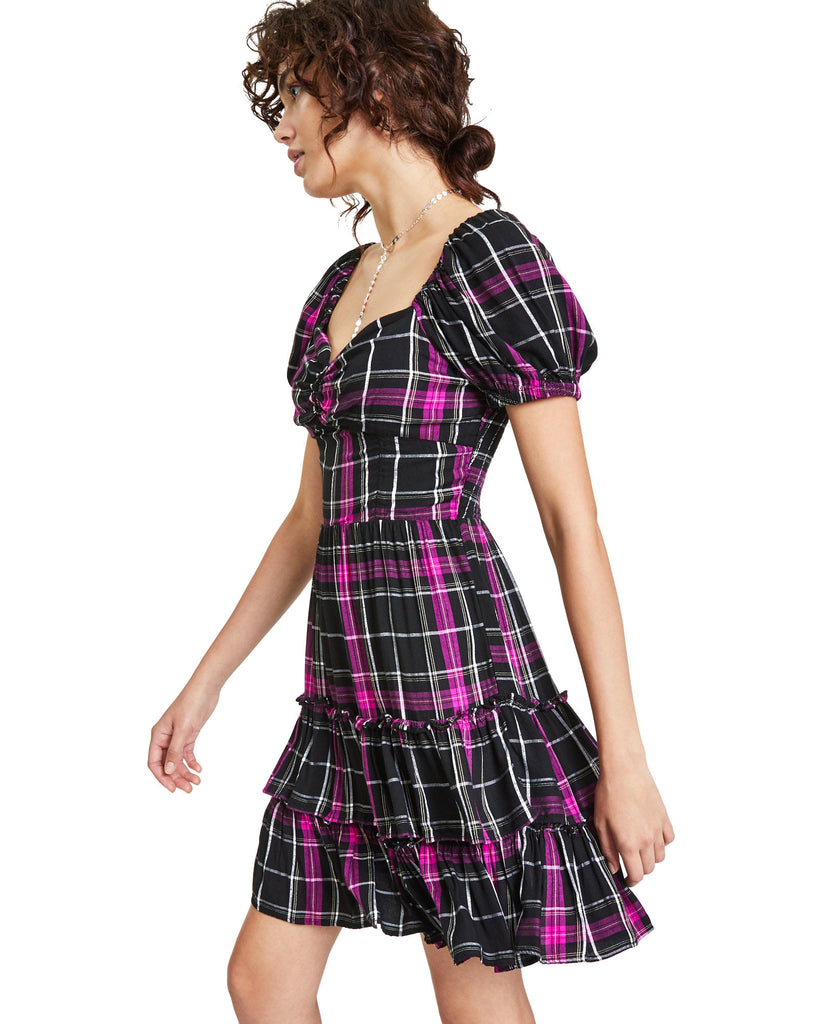 Bar III Women Puff Sleeve Plaid Mini Dress