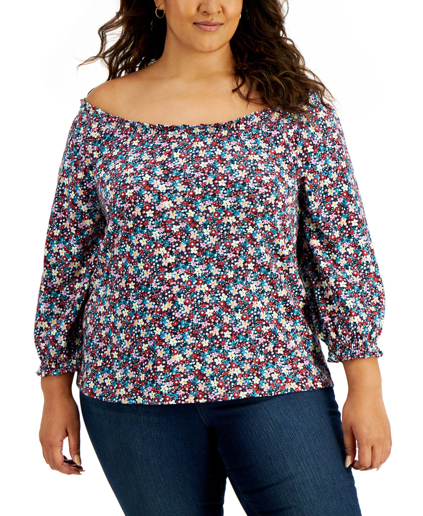 Style & Co Women Plus Cotton Ditsy Print Top Merlot Ditsy