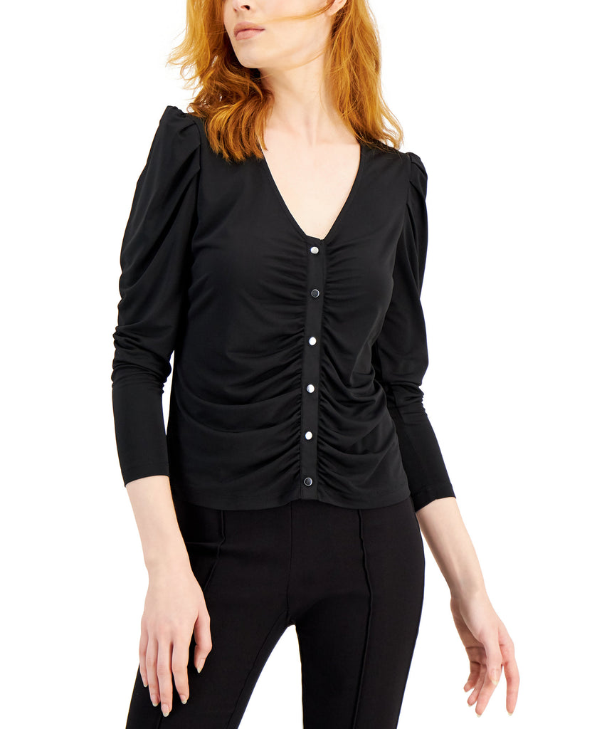 JPR Studio Women Ruched Button Front Top Black