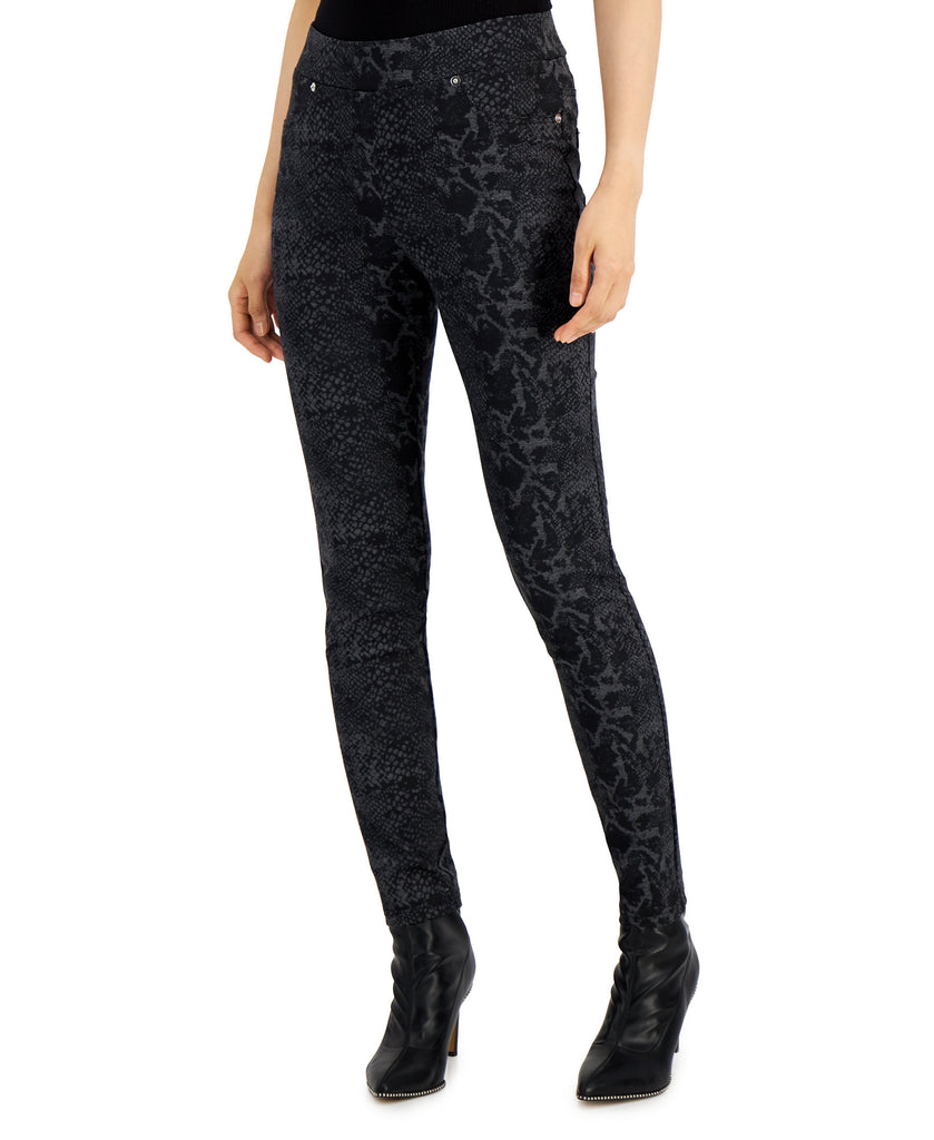 Soho Apparel Ltd Women Printed Pull On Ponté Knit Pants Charcoal Black Snakeskin