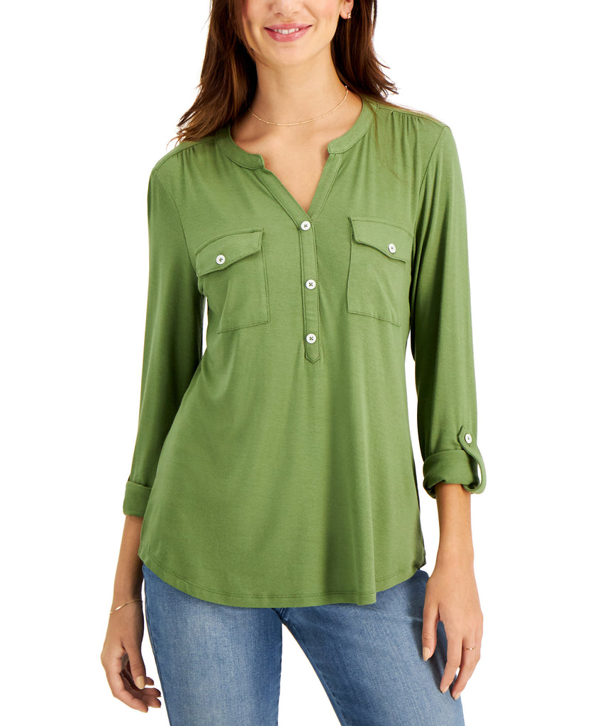 Style & Co Women Split Neck Roll Tab Sleeve Top Dry Grass