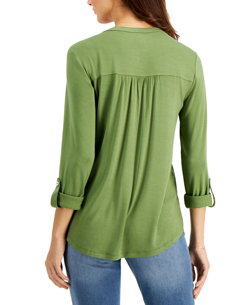 Style & Co Women Split Neck Roll Tab Sleeve Top