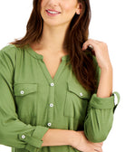 Style & Co Women Split Neck Roll Tab Sleeve Top