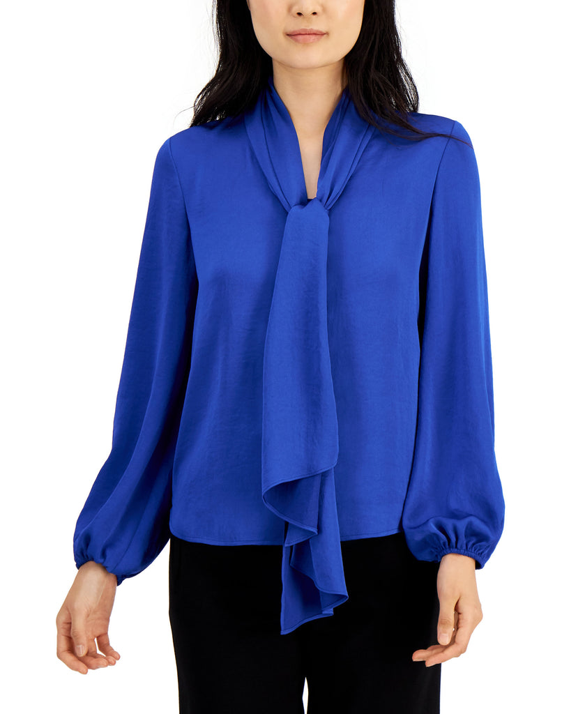 Bar III Women Tie Neck Cinched Sleeve Blouse Ibiza Blue