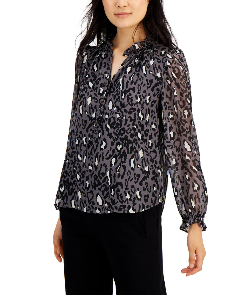 Bar III Women Animal Print Ruffle Sleeve Blouse Dark Platinum Combo