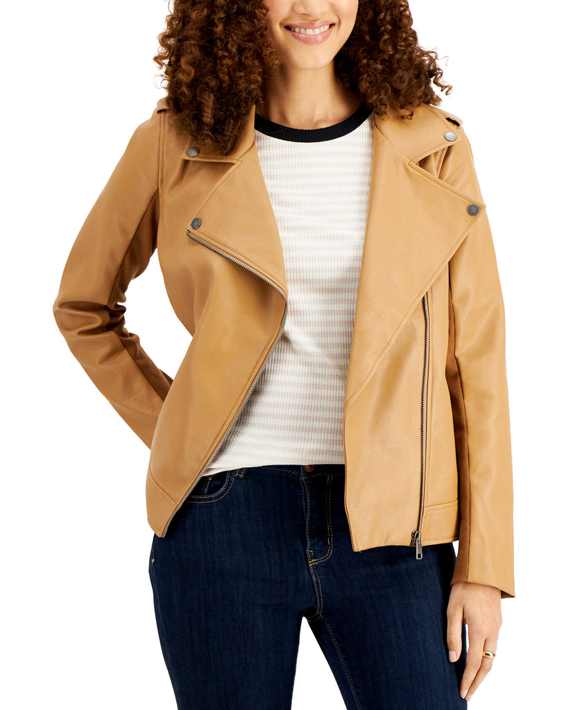 Style & Co Women Faux Leather Moto Jacket Caramel Kiss