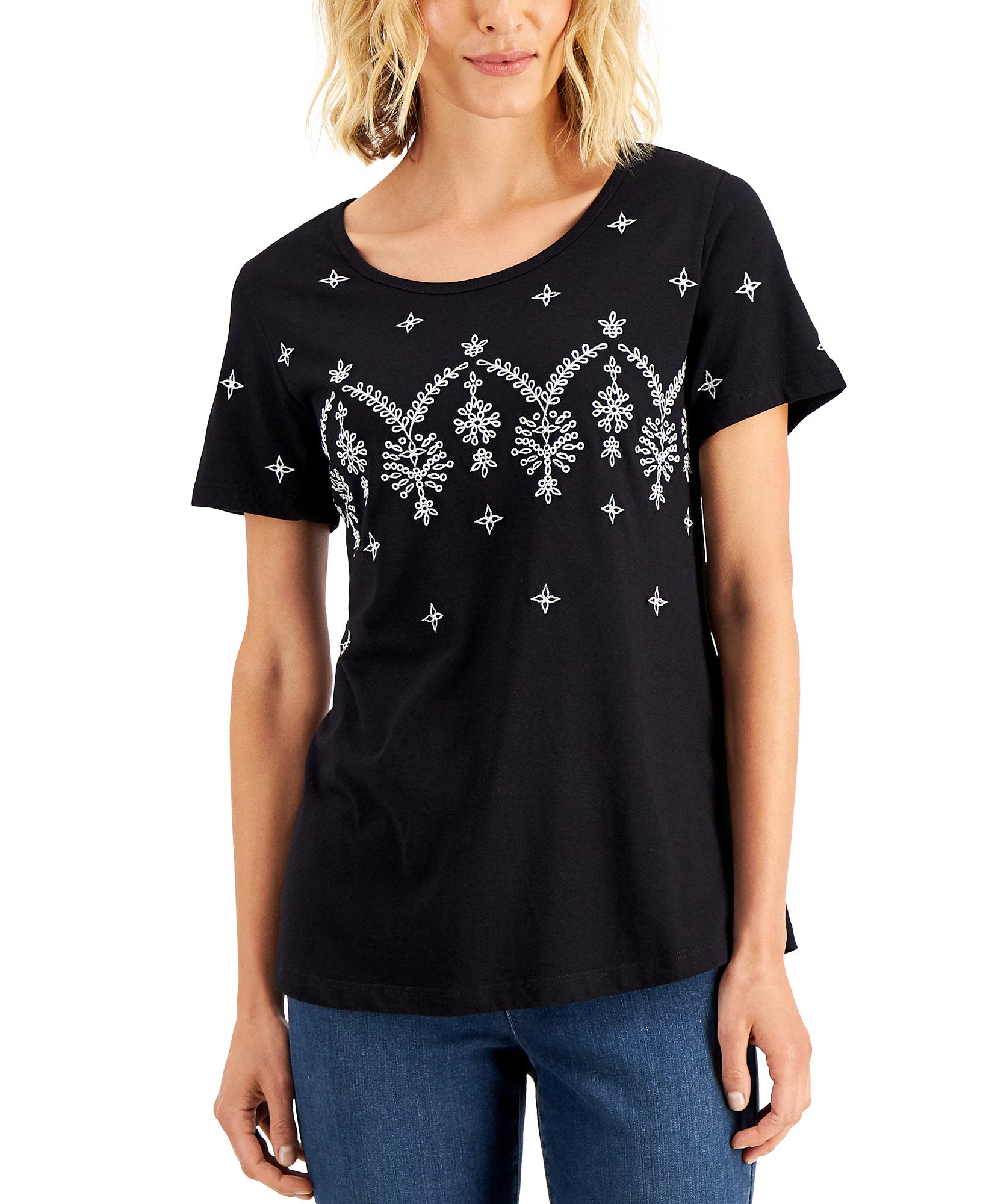 Karen Scott Women Embroidered Top Deep Black