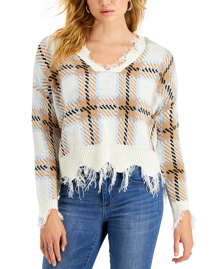 Just Polly Women Distressed Plaid Sweater Light Blue Taupe