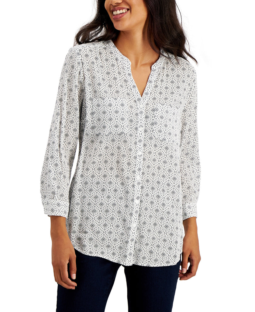 Charter Club Women Cotton Printed Tab Sleeve Shirt Bright White Combo