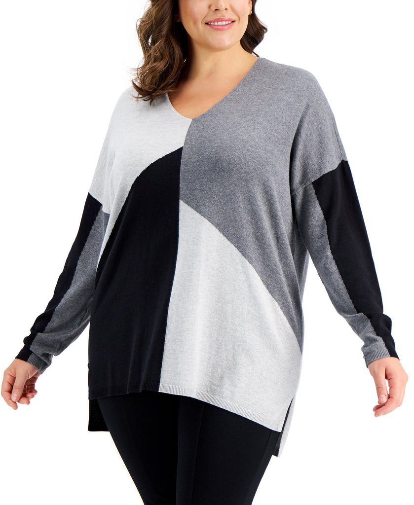 INC International Concepts Women Print V Neck Step Hem Sweater Grey Combo