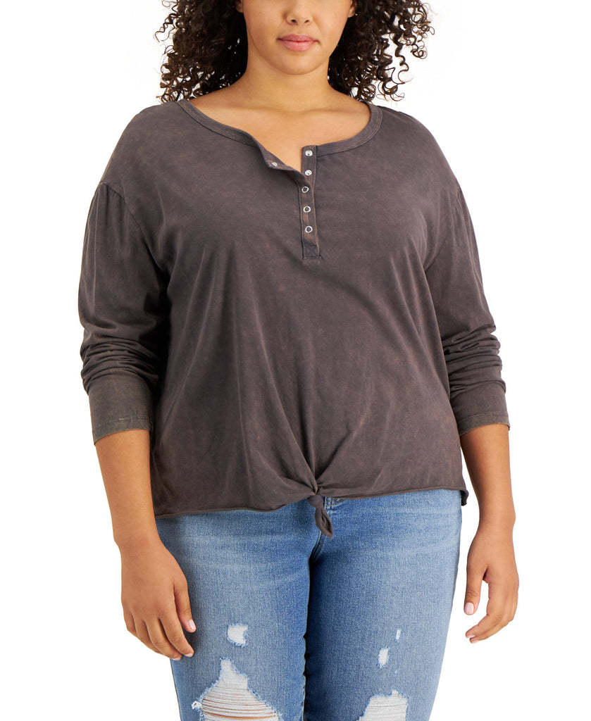 Rebellious One Women Plus Tie Hem Henley Charcoal