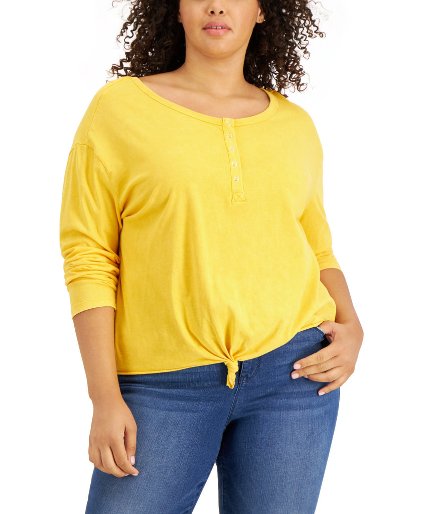 Rebellious One Women Plus Tie Hem Henley Mustard