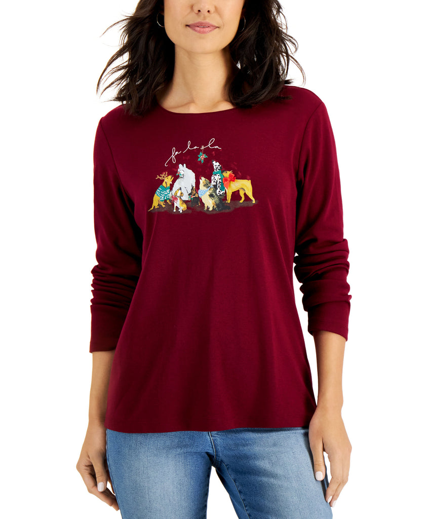 Karen Scott Women Fa La La Holiday Dog Top Merlot