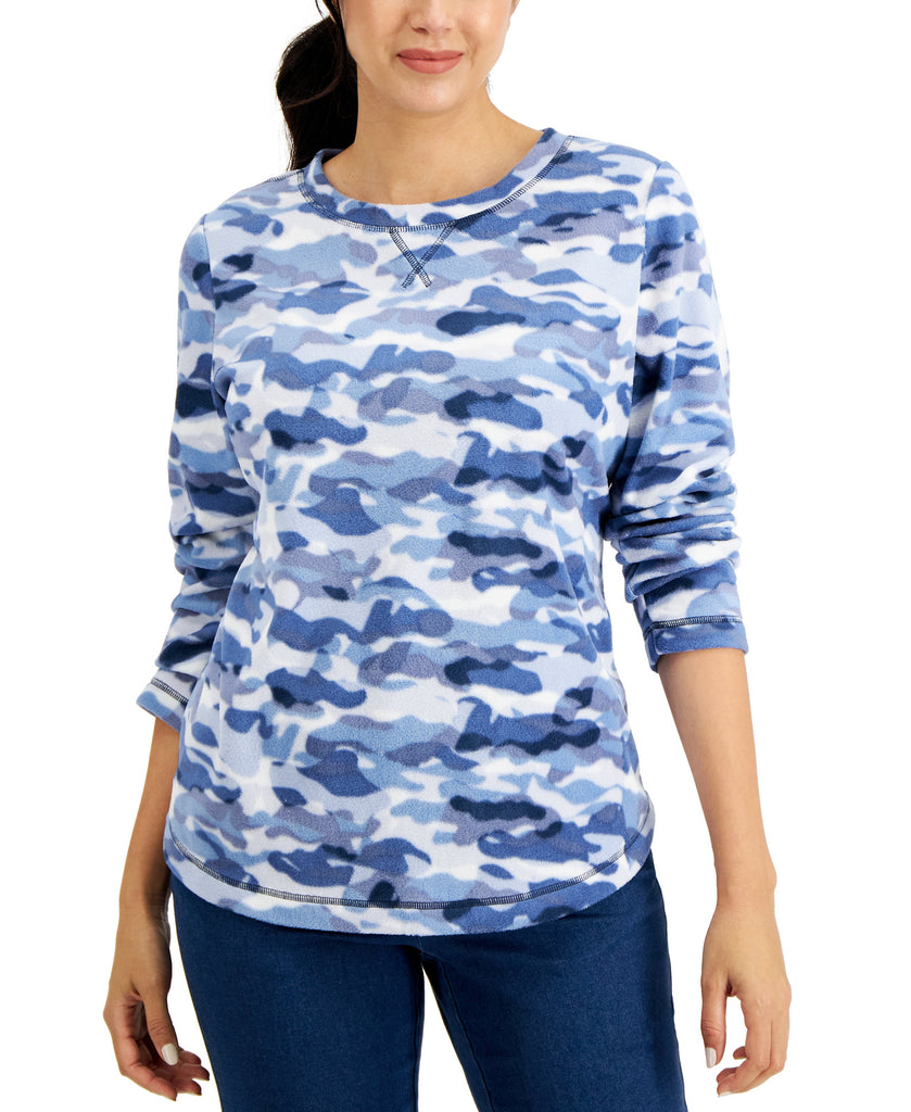 Karen Scott Women Micro Fleece Camo Print Sweatshirt Intrepid Blue