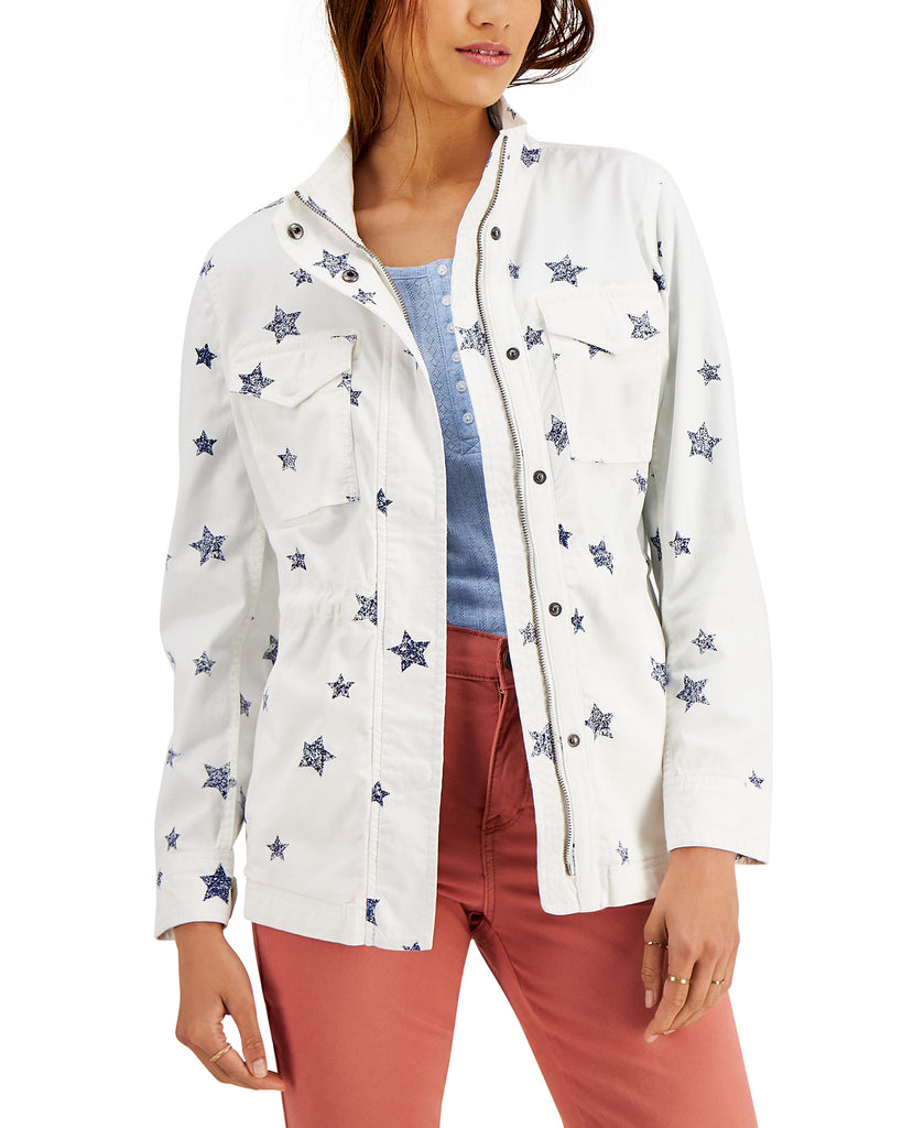 Style & Co Women Printed Twill Zip Front Jacket Bright White