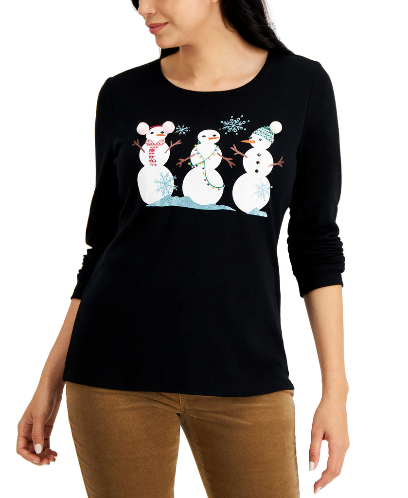 Karen Scott Women Snowman Trio Long Sleeve Top Deep Black