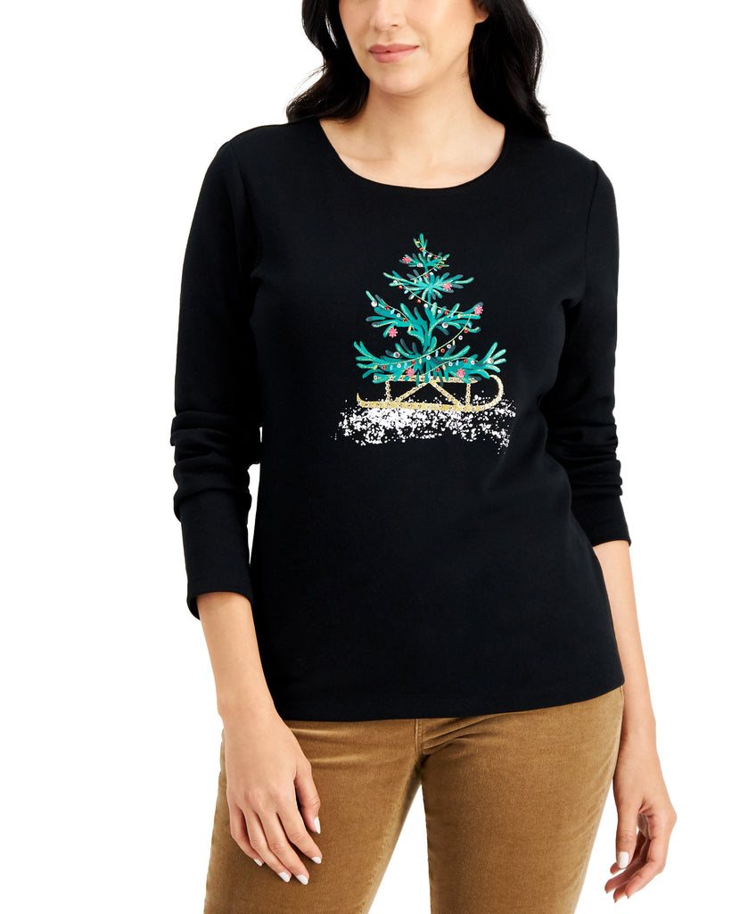 Karen Scott Women Embellished Christmas Tree Top Deep Black